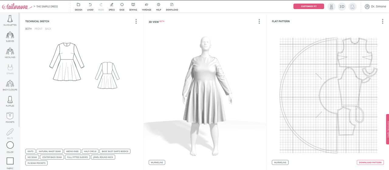 tailornova dress technical sketch, 3D model and pattern