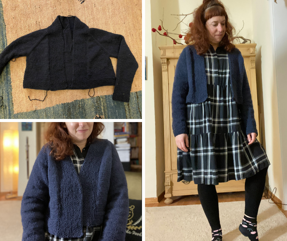 a collage of SImone wearing her hand knit blue hancock cardigan over a wide checkered dress and the cardigan lying flat on the floor