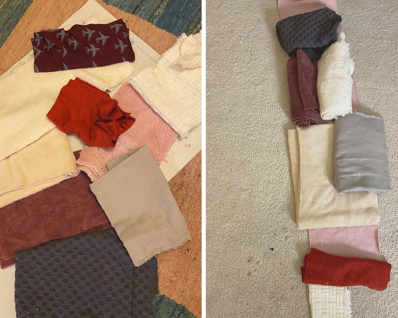 several scrap fabrics arragend after color