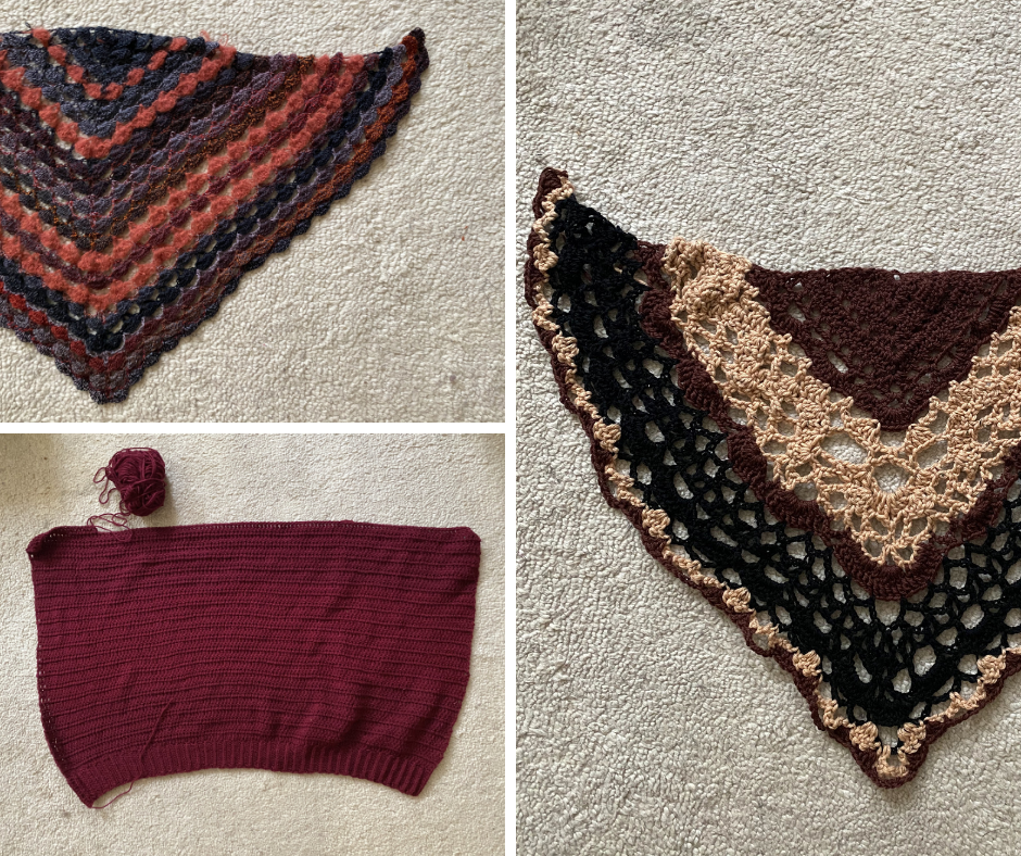 three different crochet projects, two lace shawls and the back of the urbanite cardigan