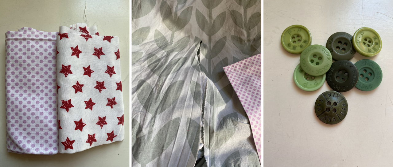 varoius cotton fabrics, buttons and a ripped bed linen