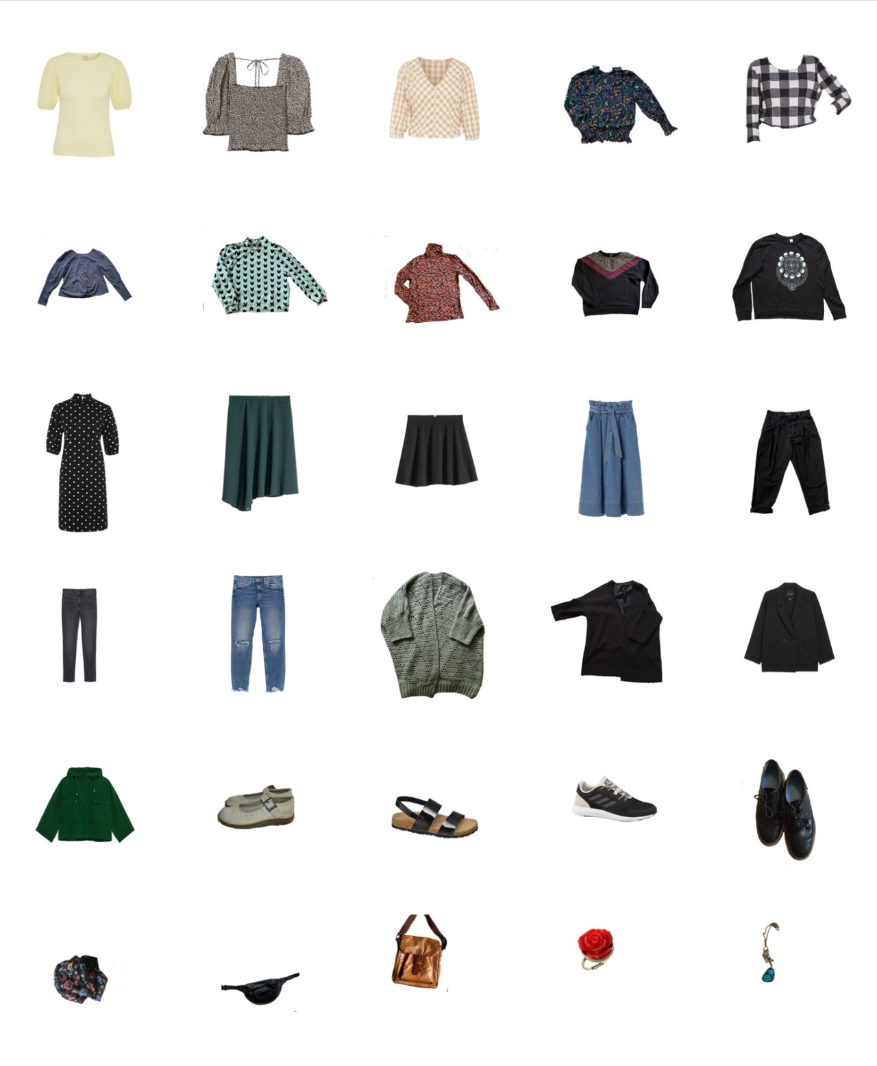 mint and black garment selection of a capsule closet