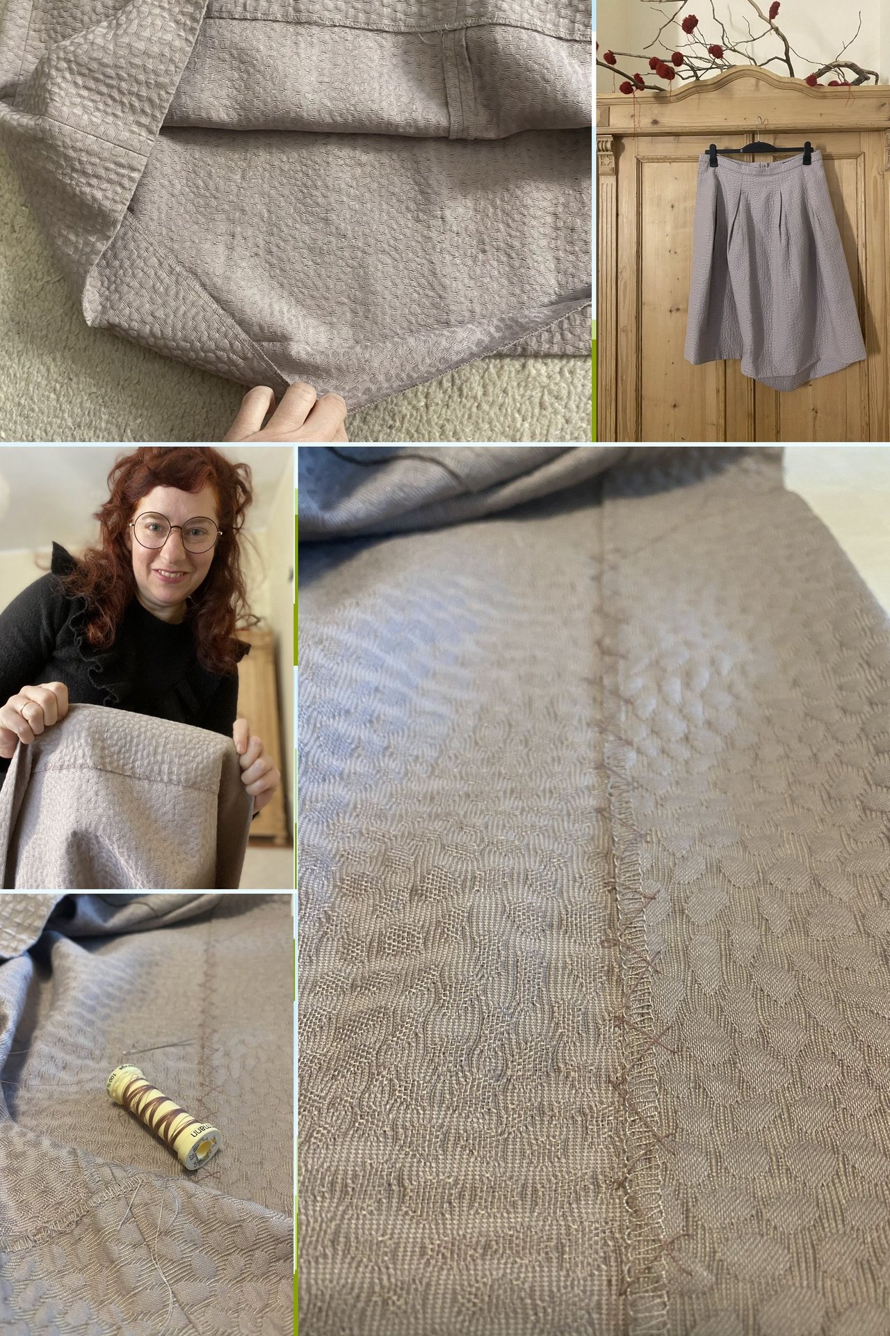 several photos of the mending process of a ripped skirt hem