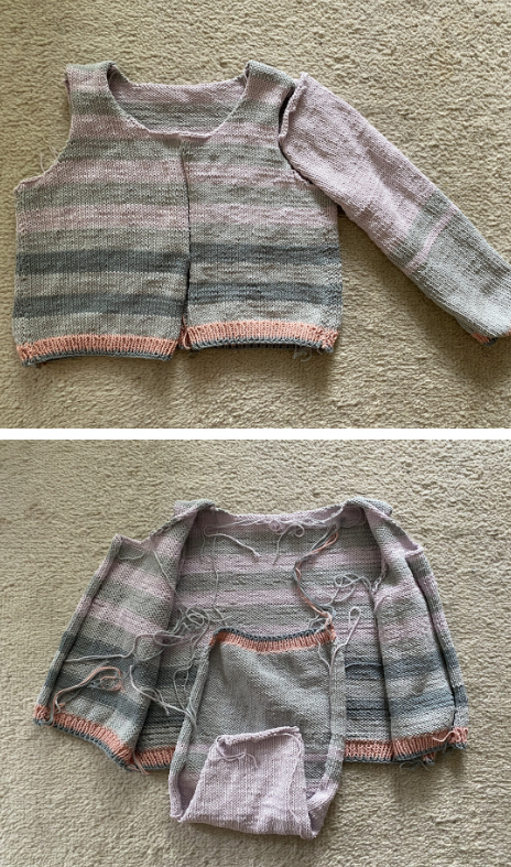 Handknitted Broadwalk sweater with unfinished seams in pastel colours