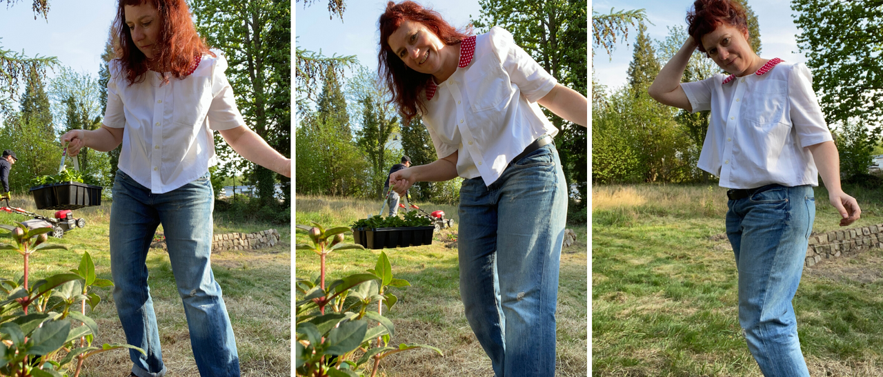 Simone showing her new blouse with the too small collar while in a garden