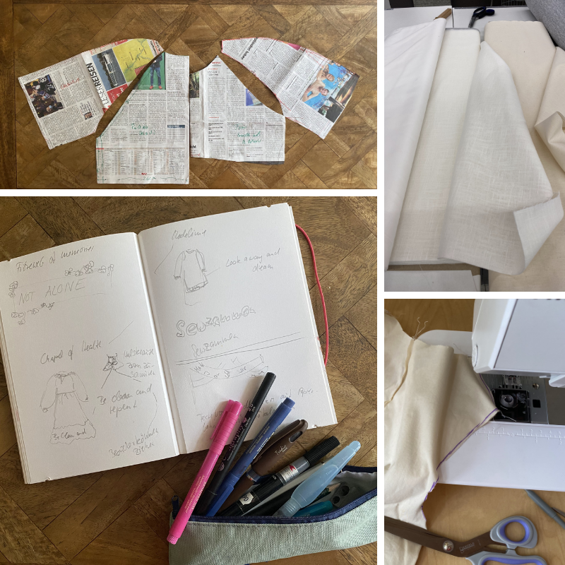 photo of a self drafted dress pattern, divers white fabrics and an artists notebook