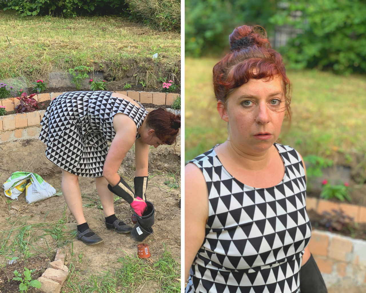 Simone wearing a skater dress in black and white while gardening