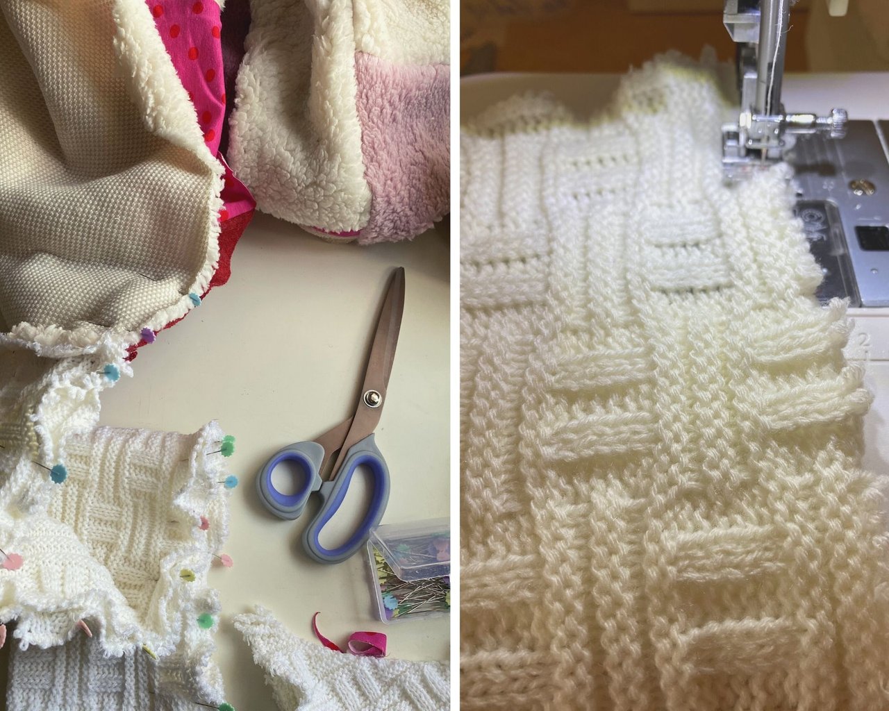 securing the fraing stitches of a knitted fabric with the sewing machine