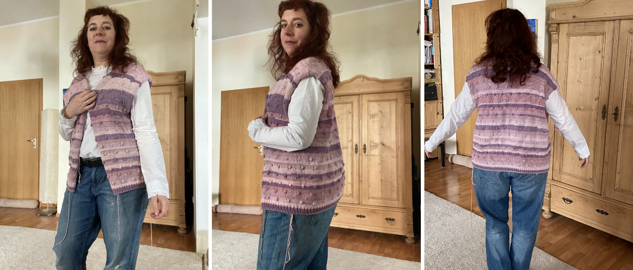 woman showing anothre Rönn cardigan in lavender colors which is unfinished and too big