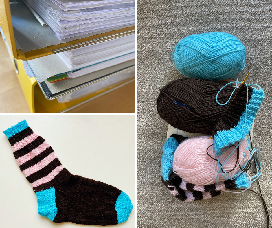 sock knitting and folders in home office