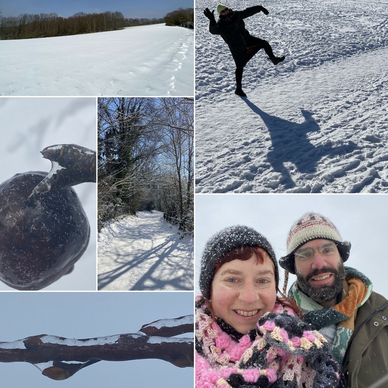 Fotos of a snowy landscape and Simone with her husband in deep snow