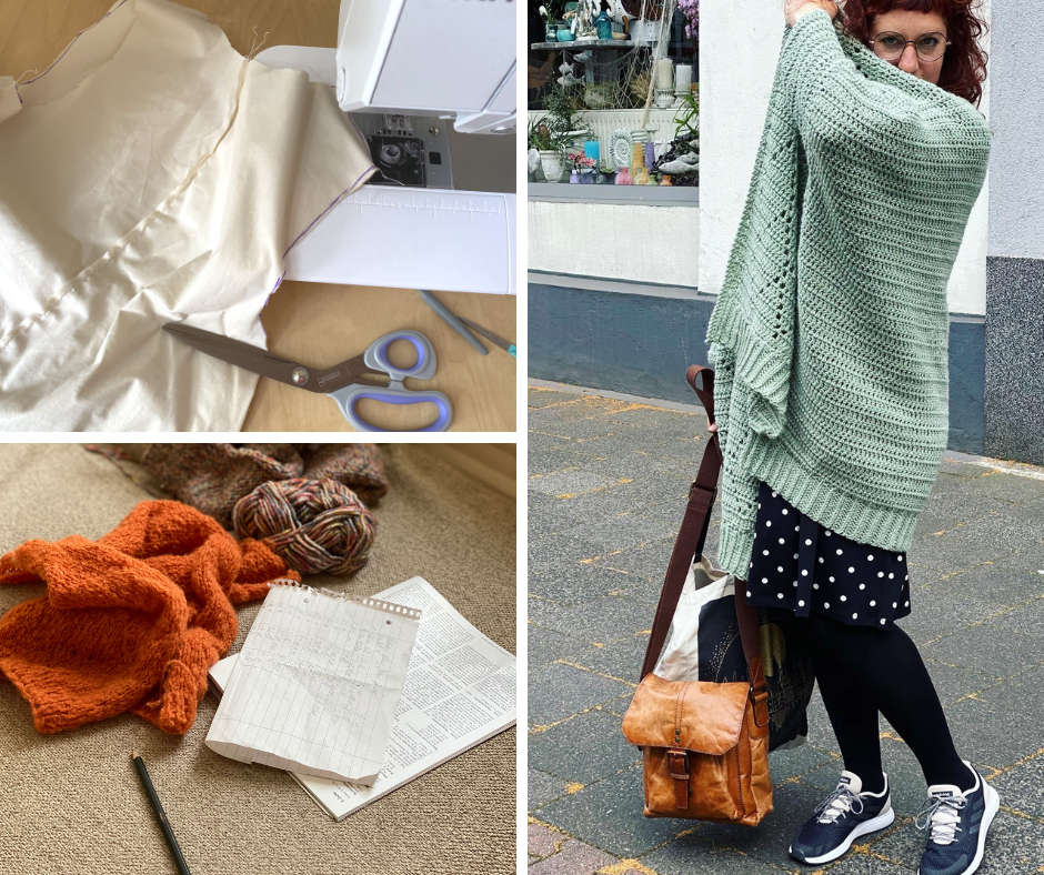 a collage of three photos: unfinished knitting projects, a unfinihsed sewing project and Simone wearing a finished crochet cardigan in mint