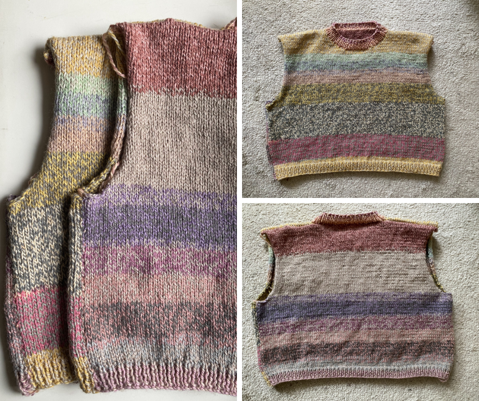 back and front of a striped slipover in soft pastel colors