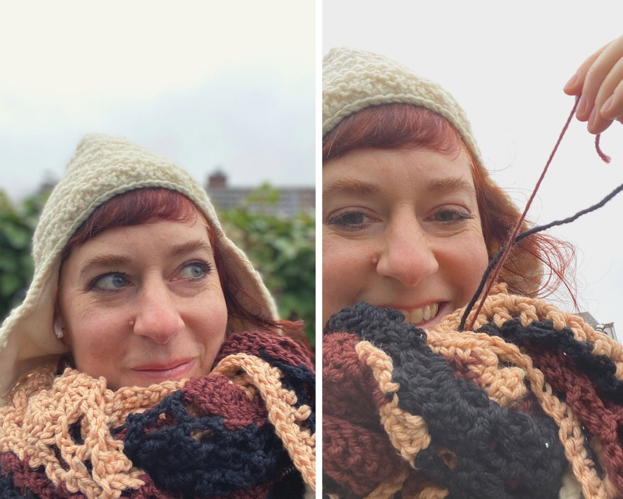 portrait of SImone wearing her crochet shalw. She is showing some unfinished details of said shalw