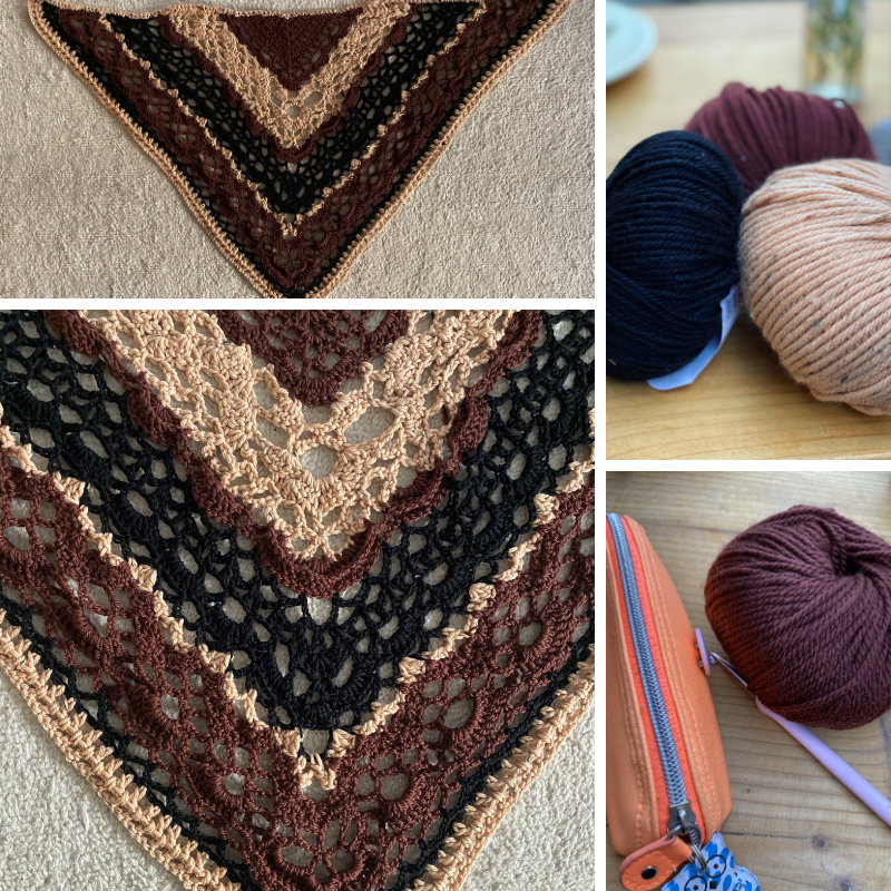 details of a lace crochet shawl in brownish wool