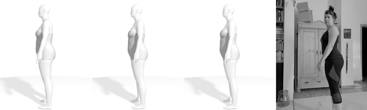 three different 3D models of Simone from the software tailornova and a profile photo of Simone