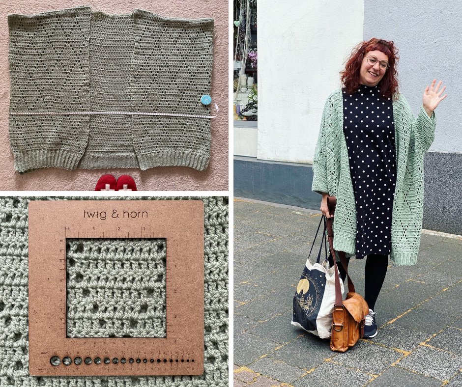 Simone wearing the oversized urbanite crochet cardigan
