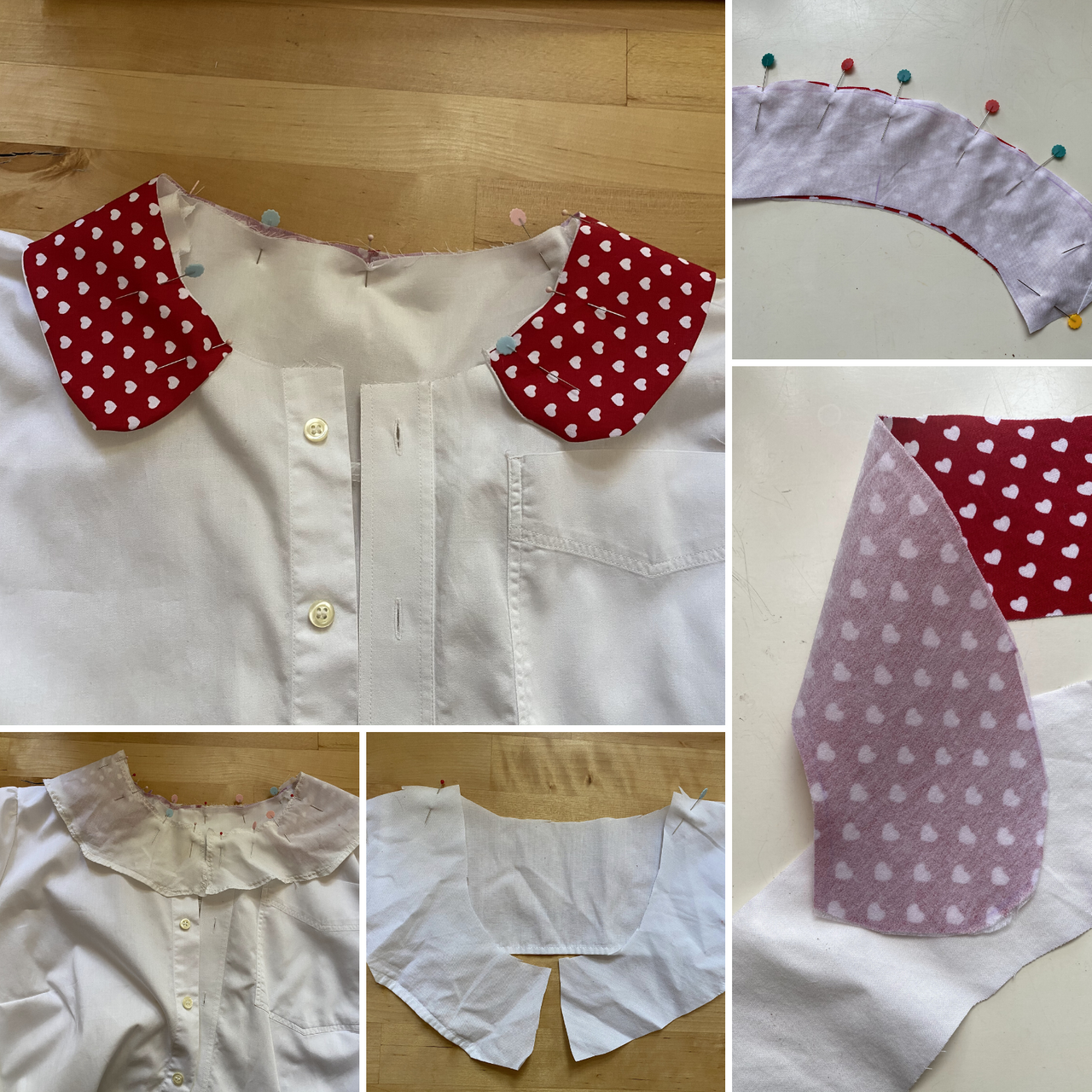 several steps how to attach a Peter pan collar and interfacing on a handmade blouse