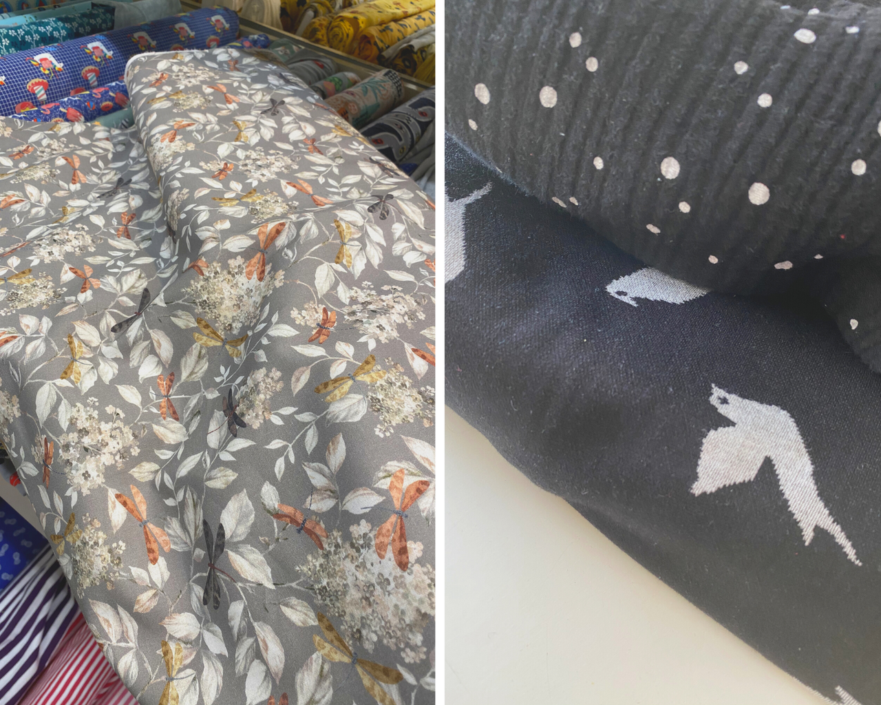 three different fabrics for sewing. One in a light grey with white leaves and butterflies, one in black with white dots and the third black with white birds.