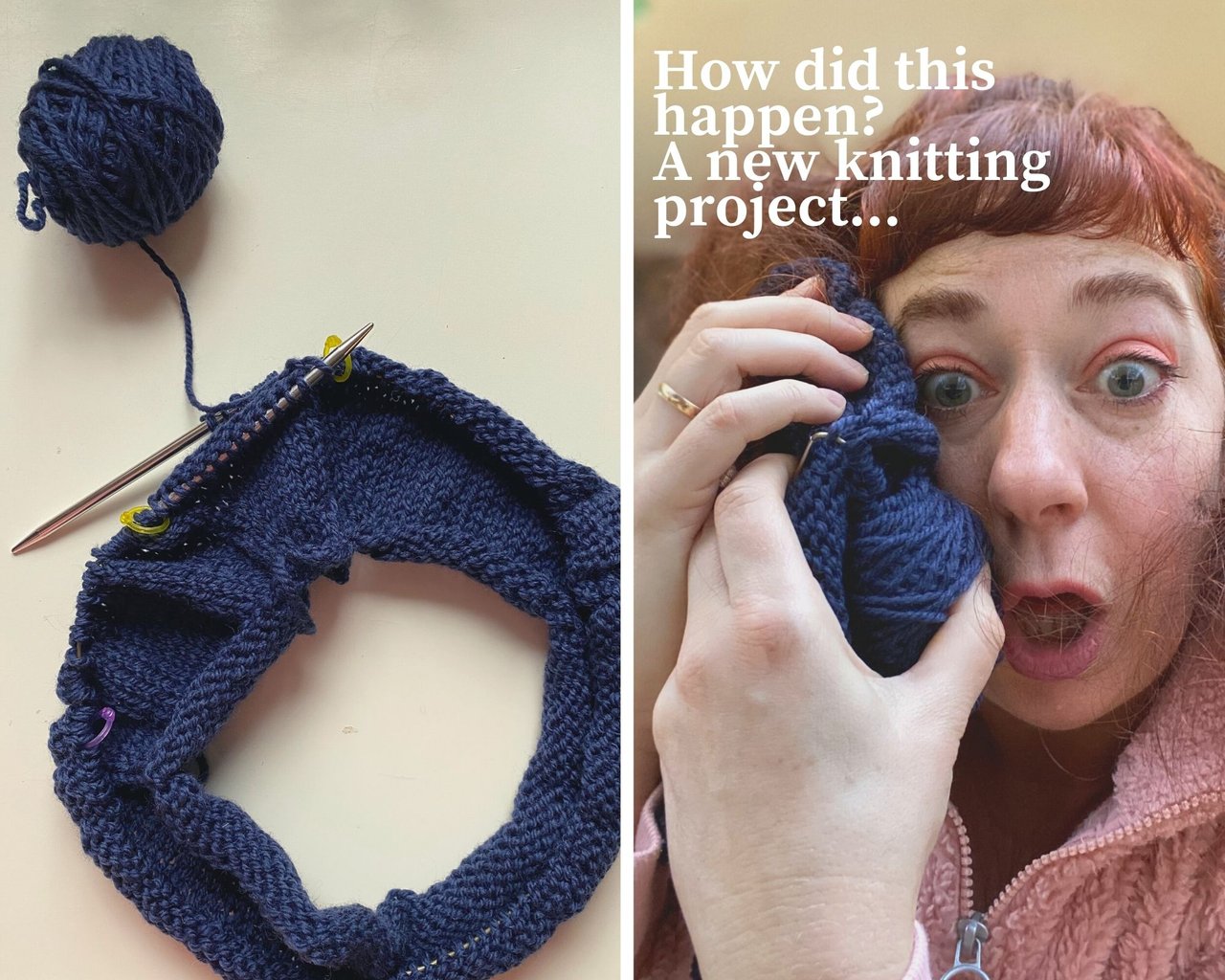 one photo of the beginning rows of a top down knitted cardigan and another where SImone makes a face and cuddles the knitting