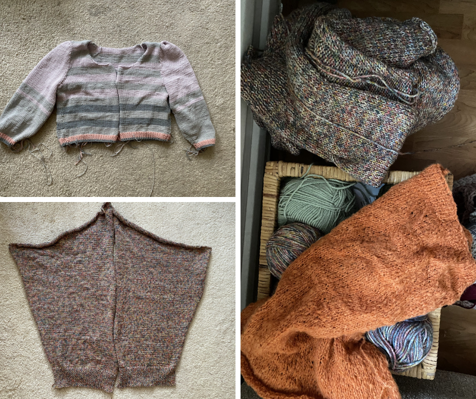 three different knitting projects: a short cardigan in pastel colors, a long cardigan in variegated yarn and a orange cardigan