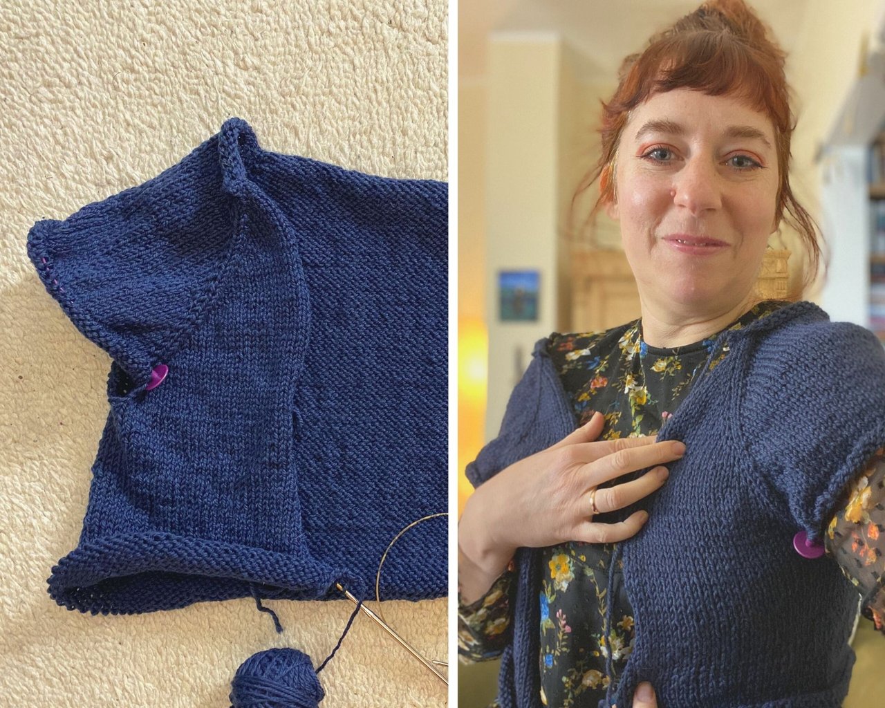 Simone wearing her half finished hancock sweater