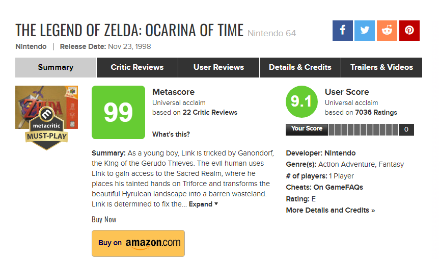The Legend of Zelda: Ocarina of Time, with a score of 99/100 is the highest  rated game ever on Metacritic! The N64 is the proud owner of a few all time  great