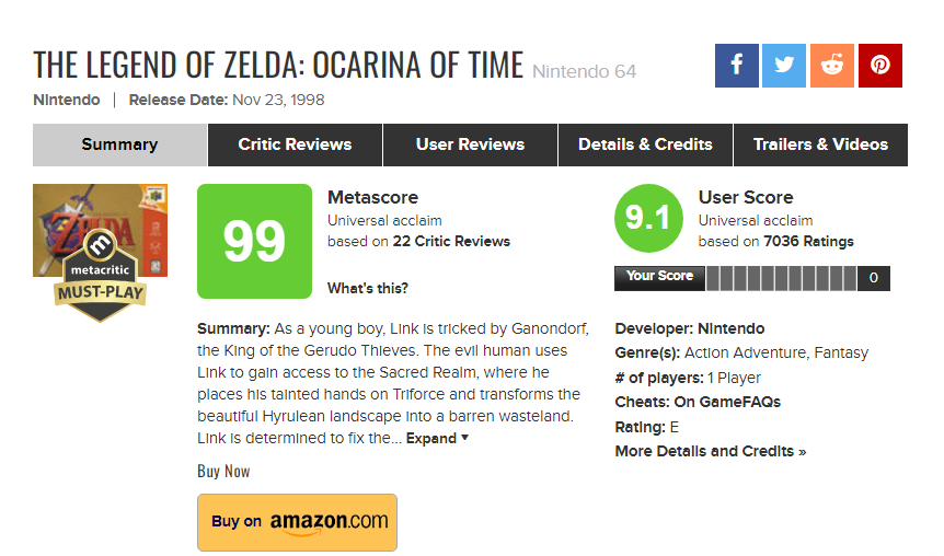 UberFacts @UberFacts The Legend Of Zelda: Ocarina Of Time for the Nintendo  64 is the only game ever to get a 99 rating on Metacritic. It's the  highest-rated game of all time.