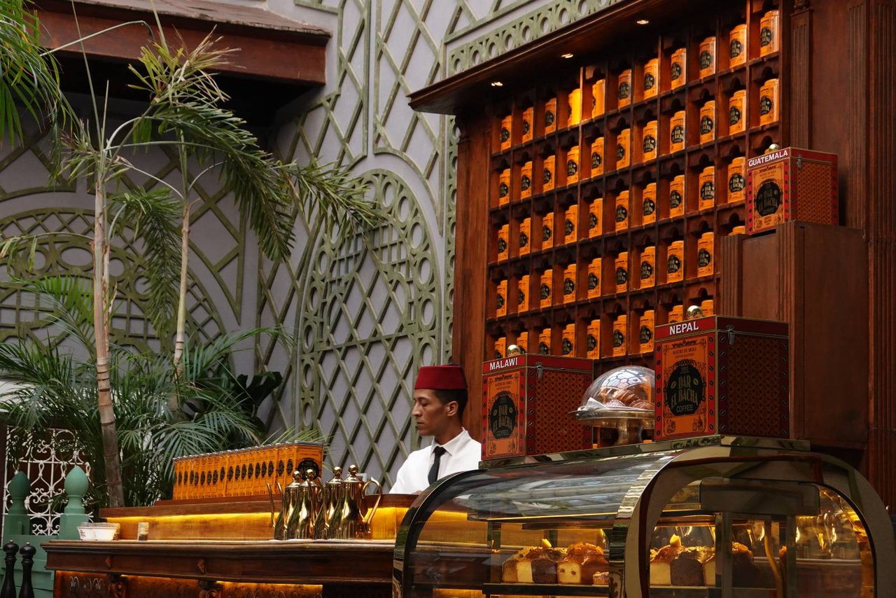 Dar El Bacha Museum, famous coffee place inside a majestic palace, Marrakesh, Morocco 