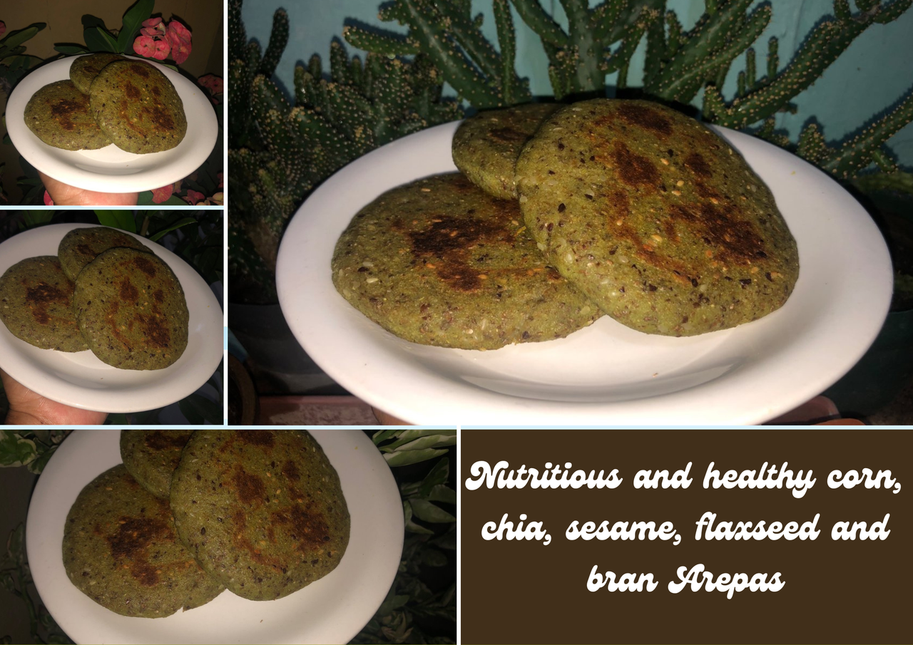 Nutritious and healthy corn, chia, sesame, flaxseed and bran Arepas. [Eng-Esp]