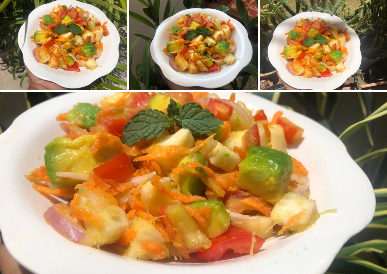 Healthy salad with cassava, avocado, carrot and tomato  [Eng-Esp]
