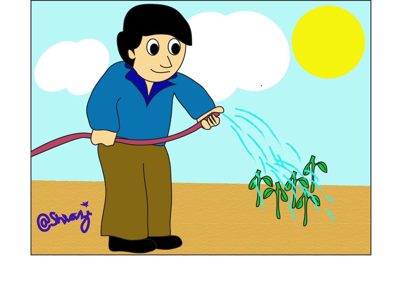 Cartoon drawing of man watering plant in pot Vector Image