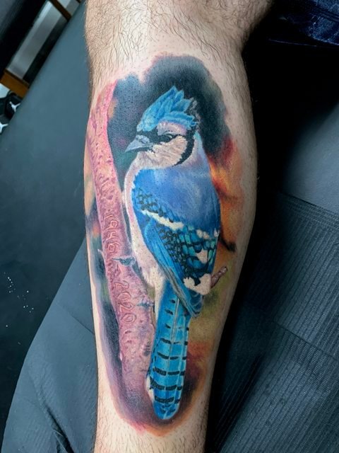 Blue Jay Tattoo With Grandmothers Life Dates In Branch Peakd