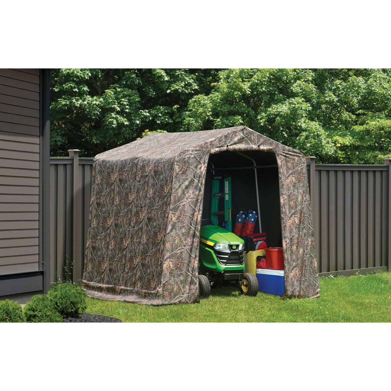 7 ShelterLogic 8' x 8' x 8' Shed-in-a-Box All Season Steel Metal Peak Roof Outdoor Storage Shed with Printed Camouflage Cover and Heavy Duty Reusable Auger Anchors