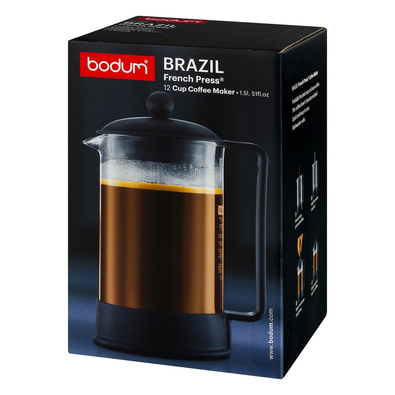 6 Black Bodum Brazil French Press Coffee Maker, 12-Cup, 1.5L Capacity