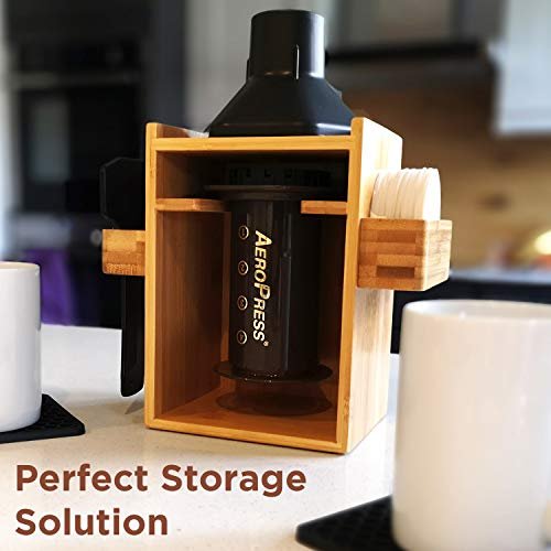 2 HEXNUB – Bamboo Organizer for AeroPress, Compact Coffee Caddy Station Holds AeroPress Coffee Maker, Accessories, Filters, Cups, Stand includes Mats (Black)