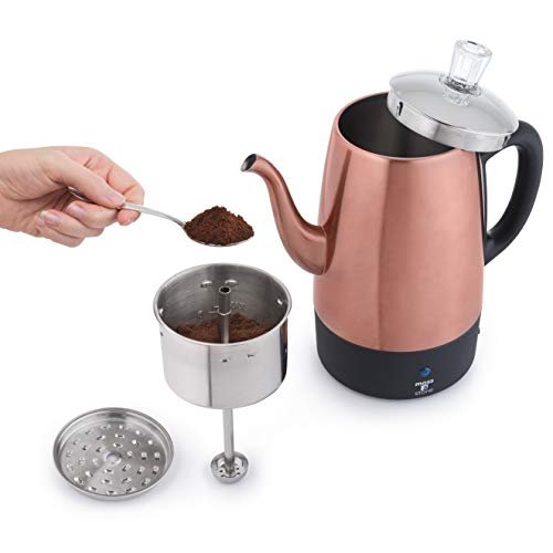 3 Copper-Bodied Electric Coffee Percolator with Stainless Steel Lids - 10 Cup Capacity