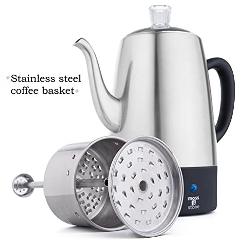 1 Silver Moss and Stone Electric Coffee Percolator with Stainless Steel Lids - 10 Cup Electric Coffee Pot