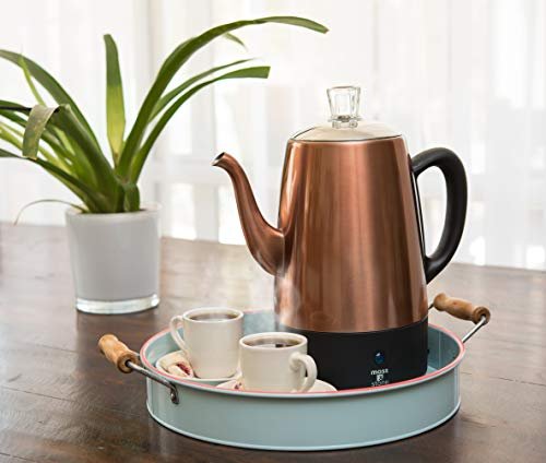 4 Copper-Bodied Electric Coffee Percolator with Stainless Steel Lids - 10 Cup Capacity