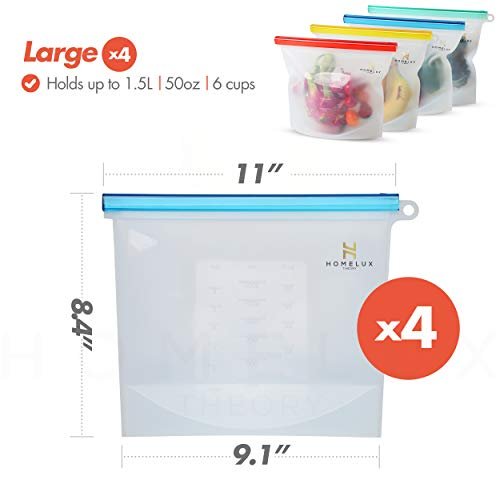 1 Homelux Theory Reusable Silicone Food Storage Bags Silicone Bags Reusable Bags Silicone Silicone Storage Bags Silicone Food Bags Reusable Silicone Food Bag (4 Large)