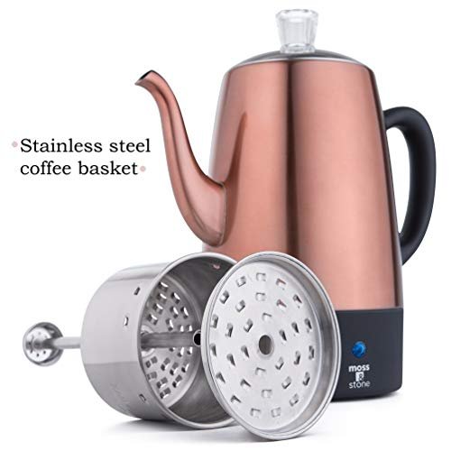1 Copper-Bodied Electric Coffee Percolator with Stainless Steel Lids - 10 Cup Capacity