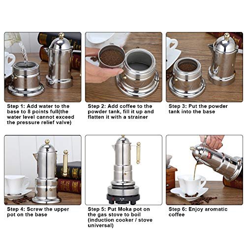 3 Stainless Steel Stovetop Espresso Maker: 4-Cup Durable Moka Pot with Safety Valve