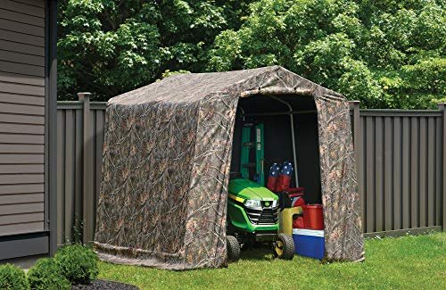 3 ShelterLogic 8' x 8' x 8' Shed-in-a-Box All Season Steel Metal Peak Roof Outdoor Storage Shed with Printed Camouflage Cover and Heavy Duty Reusable Auger Anchors