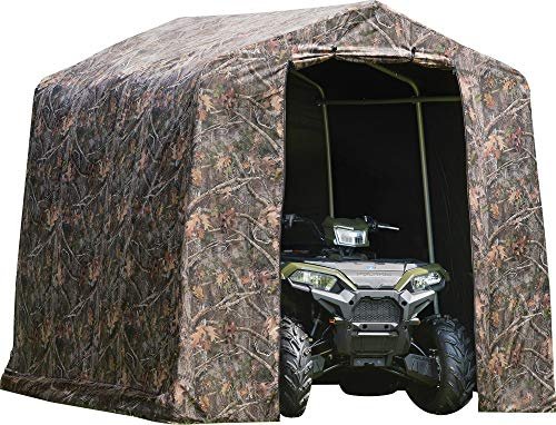 2 ShelterLogic 8' x 8' x 8' Shed-in-a-Box All Season Steel Metal Peak Roof Outdoor Storage Shed with Printed Camouflage Cover and Heavy Duty Reusable Auger Anchors