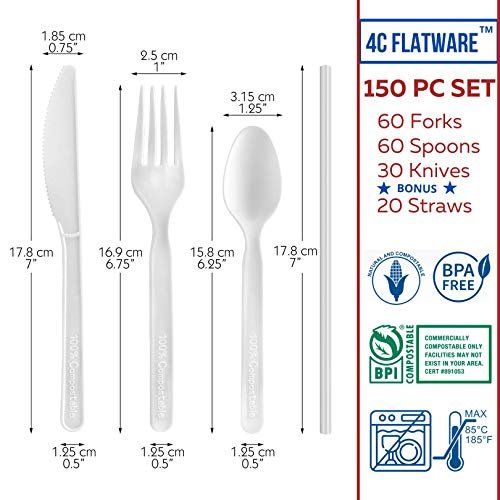 2 4C FLATWARE Compostable Cutlery Set 150 PC Plant Based Utensils: [60-60-30] Compostable Forks Spoons Knives + [20] PLA Straws