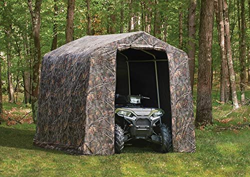 4 ShelterLogic 8' x 8' x 8' Shed-in-a-Box All Season Steel Metal Peak Roof Outdoor Storage Shed with Printed Camouflage Cover and Heavy Duty Reusable Auger Anchors