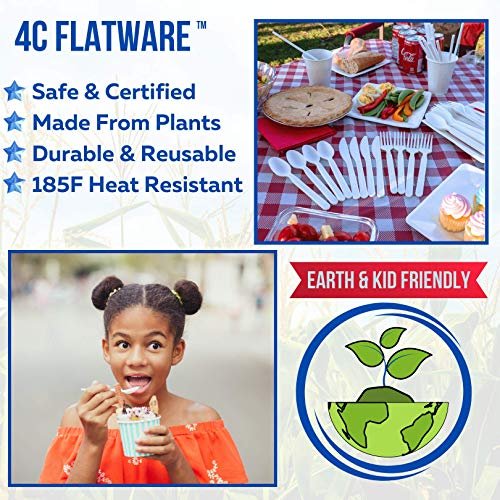 3 4C FLATWARE Compostable Cutlery Set 150 PC Plant Based Utensils: [60-60-30] Compostable Forks Spoons Knives + [20] PLA Straws