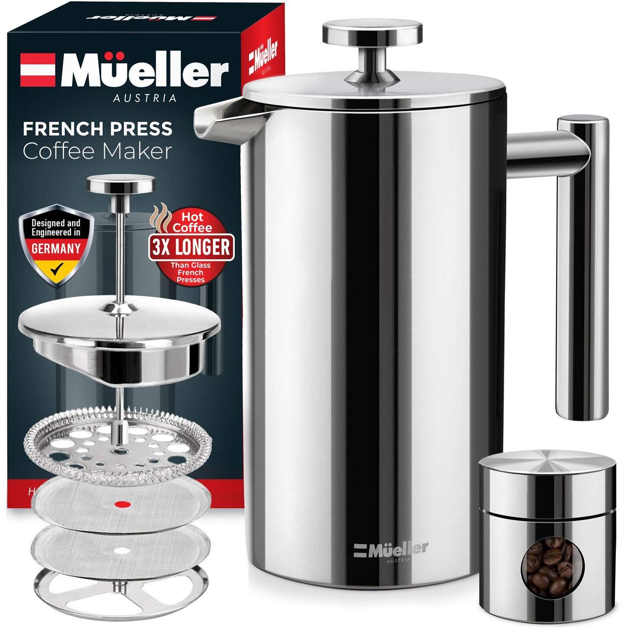 1 Stainless Steel Coffee Maker - Insulated with Advanced Filtration System