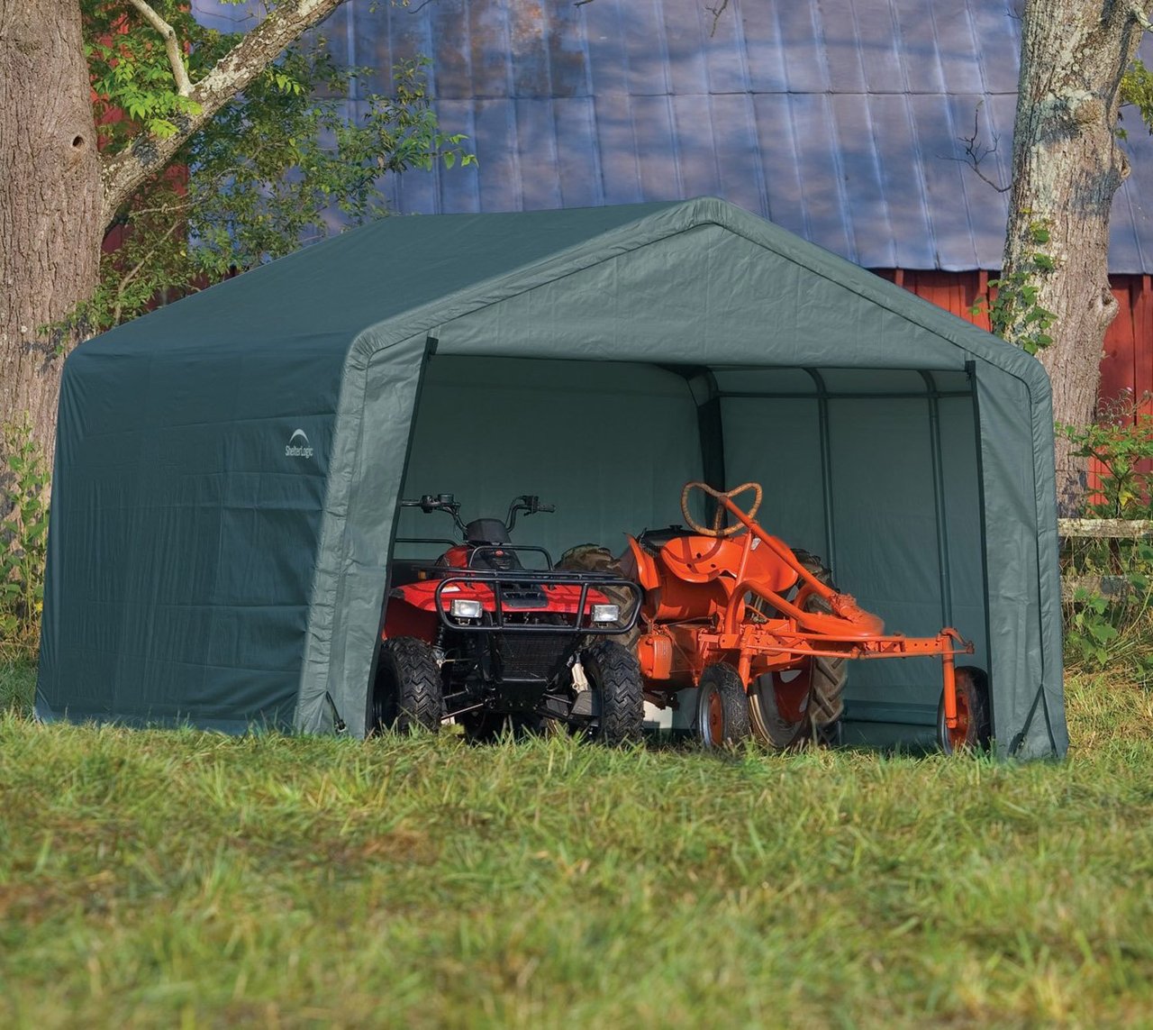 1 ShelterLogic Shed-in-a-Box All Season Steel Metal Peak Roof Outdoor Storage Shed with Waterproof Cover and Heavy Duty Reusable Auger Anchors 12' x 12'
