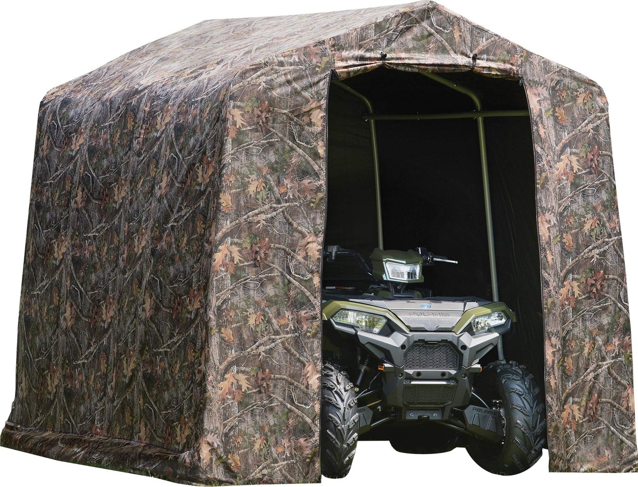 1 ShelterLogic 8' x 8' x 8' Shed-in-a-Box All Season Steel Metal Peak Roof Outdoor Storage Shed with Printed Camouflage Cover and Heavy Duty Reusable Auger Anchors